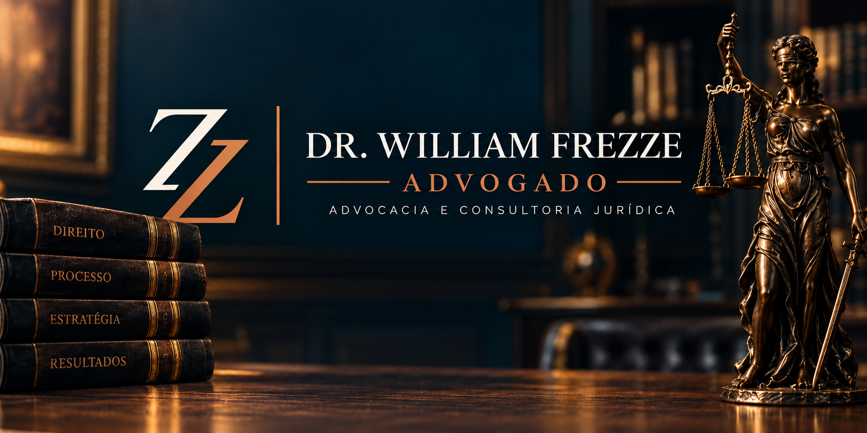 Capa de William Frezze, com monograma ZZ, livros jurídicos e estátua da Justiça em bronze